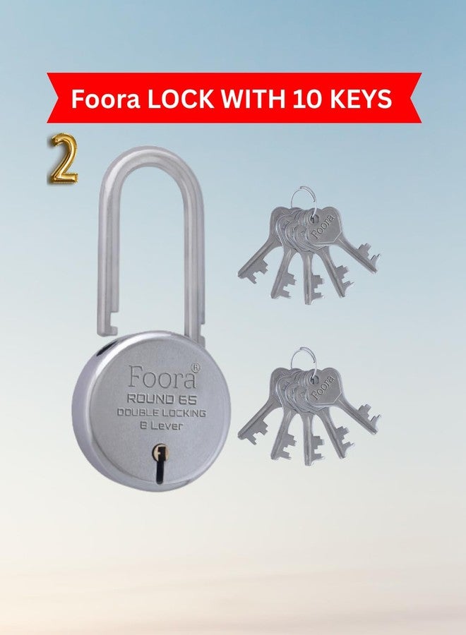 Foora مجموعة أقفال فورا راوند 65 LS بمفتاح واحد | قفلان متينان مع 10 مفاتيح | آلية قفل مزدوجة بثمانية أذرع | هيكل معدني قوي | قفل ومفاتيح متعددة لأمن المنزل والأبواب والستائر - Image 4
